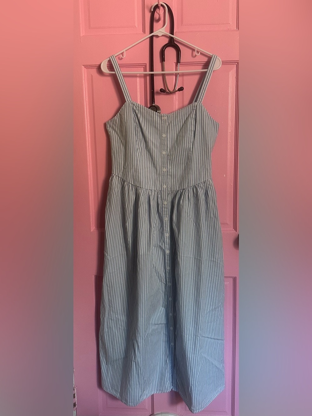 Levi’s Blue White Striped Cotton Midi Sundress Button Front Cottagecore Dress